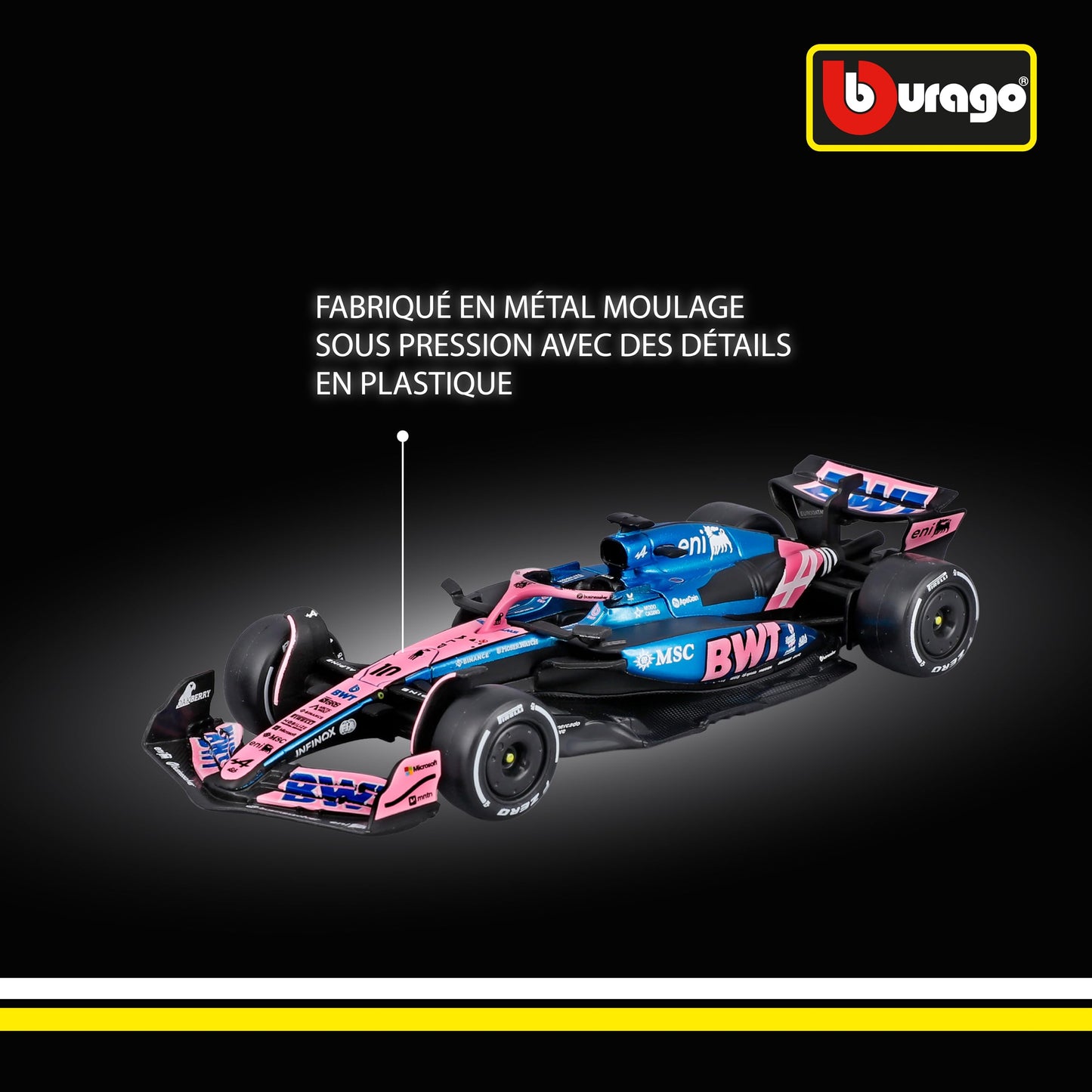 Bburago - F1 BWT Alpine A525 2025#10 Gasly, Voiture Diecast à l'échelle 1:43 avec détails Authentiques, réplique F1 Alpine, livrée Bleue/Rose, Licence Officielle, âge recommandé 3+ Ans