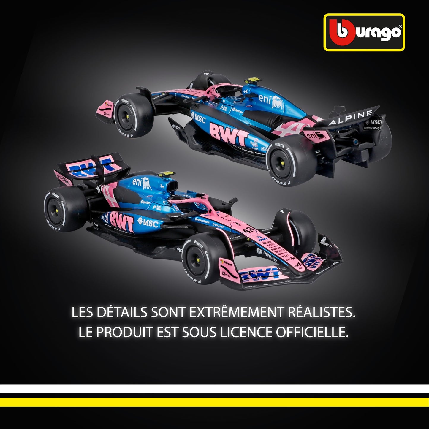 Bburago - F1 BWT Alpine A525 2025#10 Gasly, Voiture Diecast à l'échelle 1:43 avec détails Authentiques, réplique F1 Alpine, livrée Bleue/Rose, Licence Officielle, âge recommandé 3+ Ans