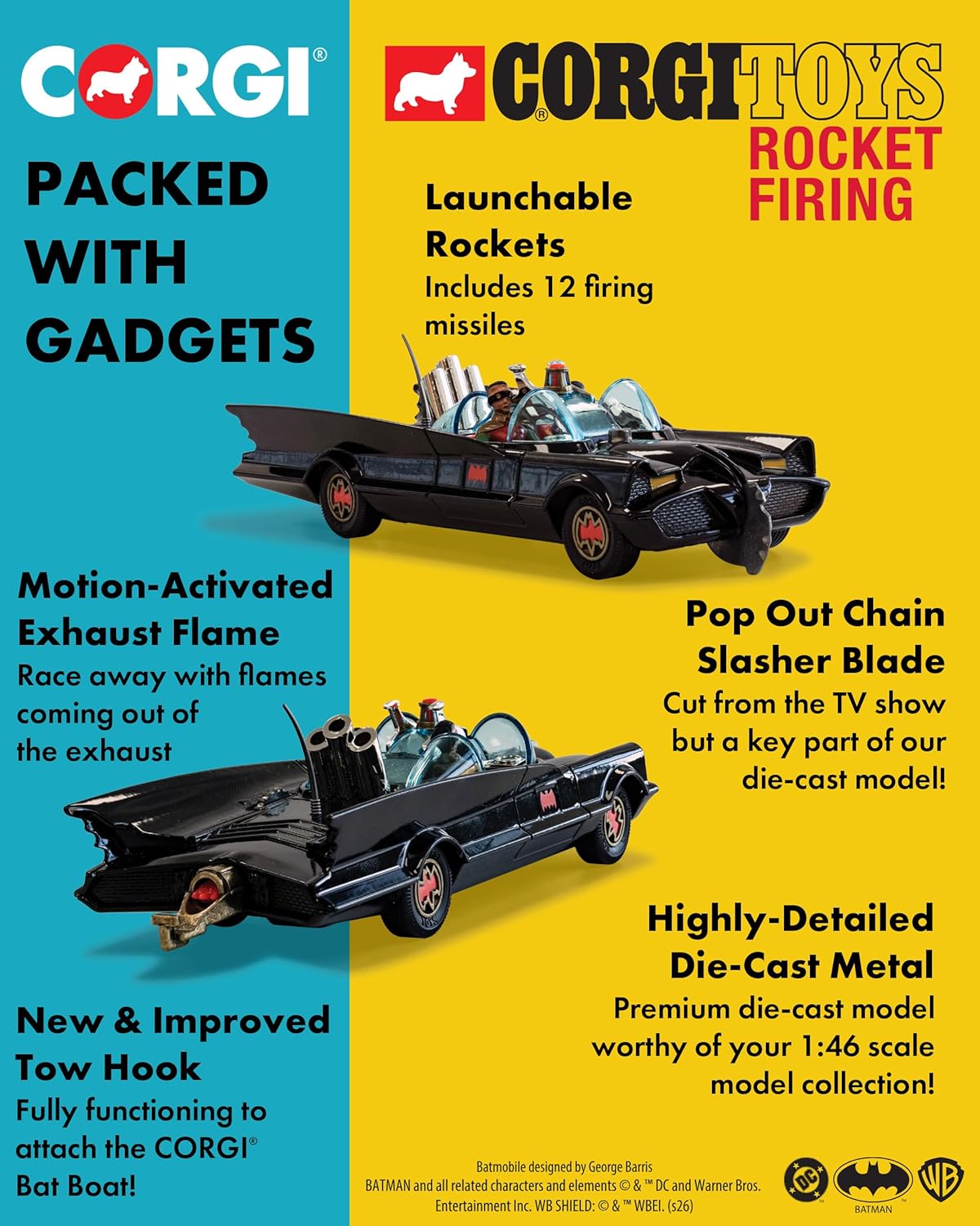 Corgi - RT26701 - Diecast Model Cars, Batmobile avec Batman et Robin, Cadeaux Souvenirs pour Hommes, Femmes et Enfants du Royaume-Uni, Petits Modèles de Voitures Moulées sous Pression pour Garçons