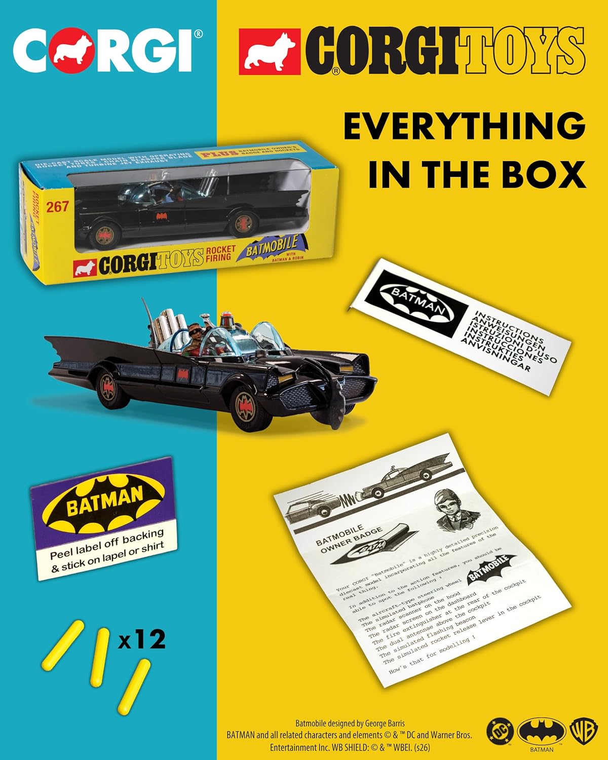 Corgi - RT26701 - Diecast Model Cars, Batmobile avec Batman et Robin, Cadeaux Souvenirs pour Hommes, Femmes et Enfants du Royaume-Uni, Petits Modèles de Voitures Moulées sous Pression pour Garçons