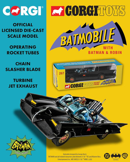 Corgi - RT26701 - Diecast Model Cars, Batmobile avec Batman et Robin, Cadeaux Souvenirs pour Hommes, Femmes et Enfants du Royaume-Uni, Petits Modèles de Voitures Moulées sous Pression pour Garçons