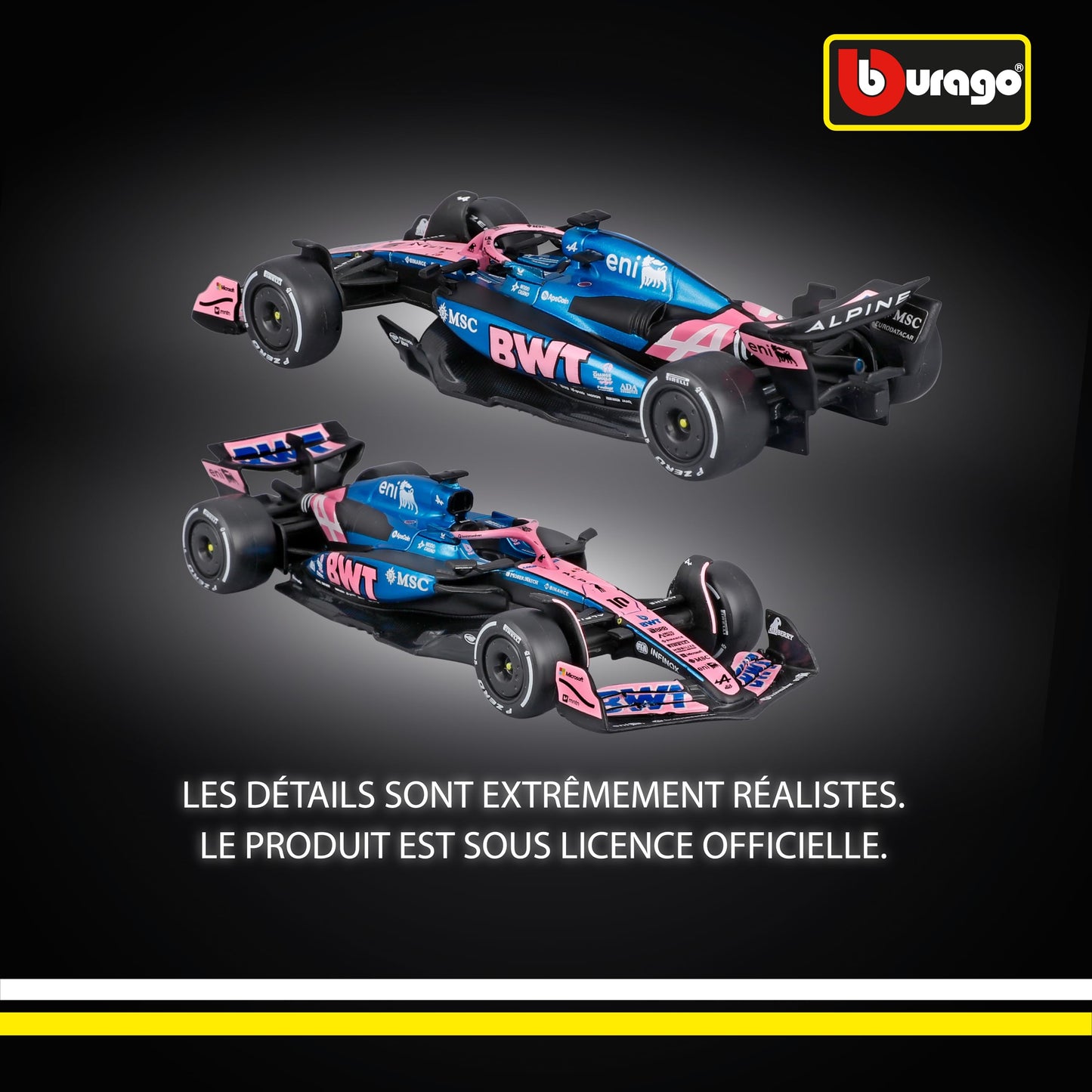 Bburago - F1 BWT Alpine A525 2025#10 Gasly, Voiture Diecast à l'échelle 1:43 avec détails Authentiques, réplique F1 Alpine, livrée Bleue/Rose, Licence Officielle, âge recommandé 3+ Ans
